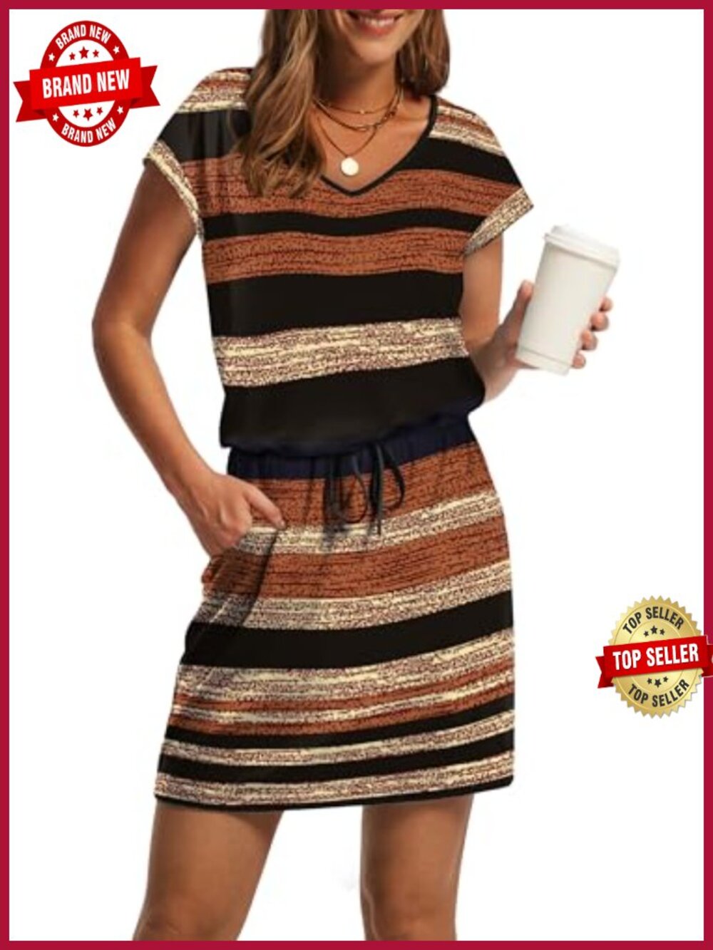 Women's V Neck Tie Waist Casual Mini Dress with Pockets